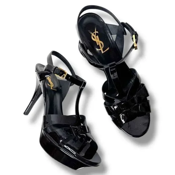 Saint Laurent Tribute Black Patent Leather Platform High Heel Sandals Size 37.5 - Picture 3 of 13
